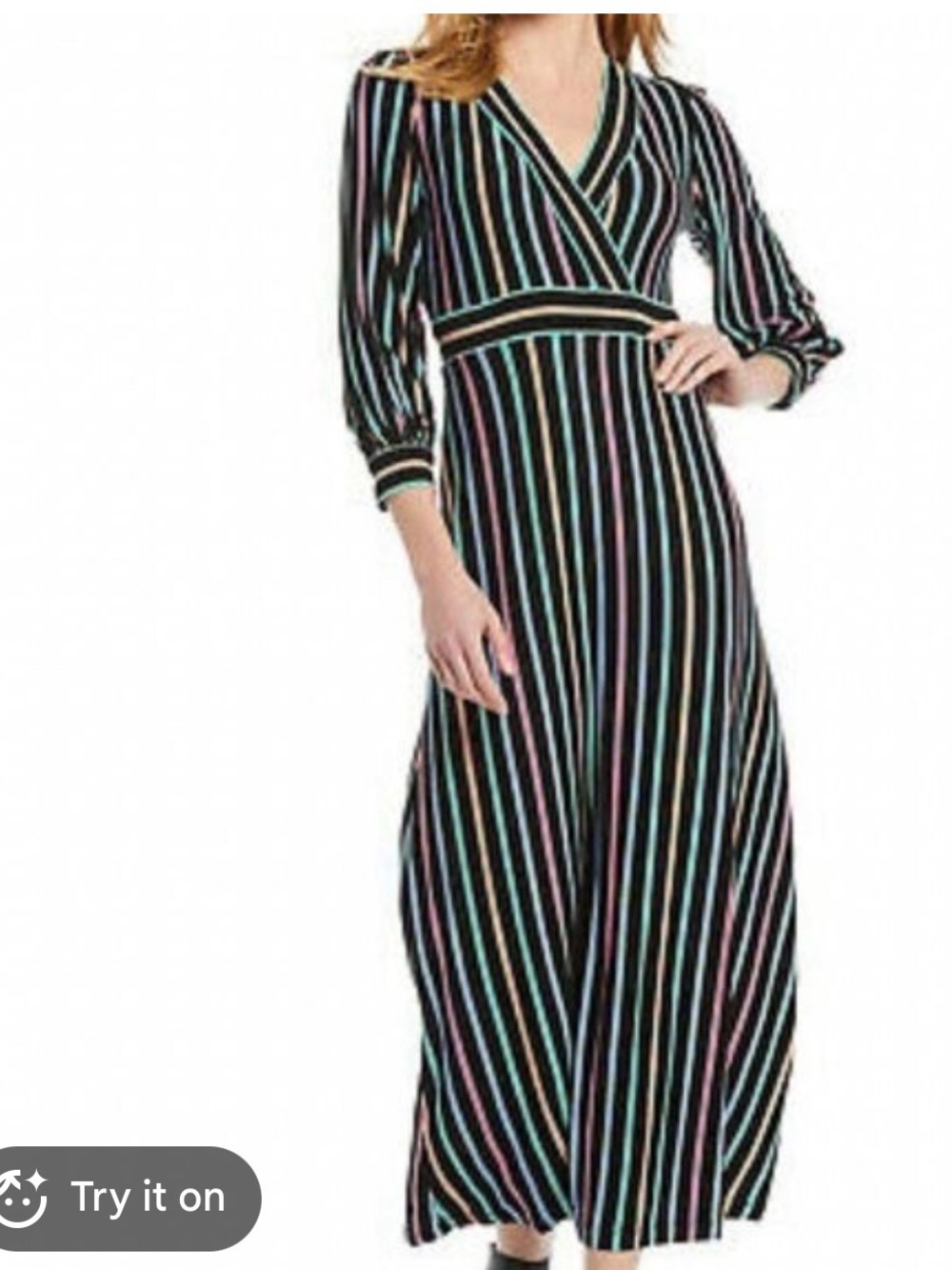 Calvin Klein  V-Neck Wrap Maxi Dress - Black with Multicolor Stripes